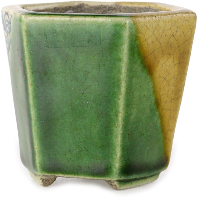 Sechseckiger grüner und gelber Bonsaitopf von Terahata Satomi Mazan – 71 x 71 x 62 mm