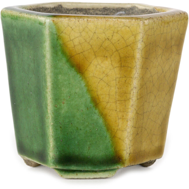 Maceta hexagonal para bonsái verde y amarilla de Terahata Satomi Mazan - 71 x 71 x 62 mm