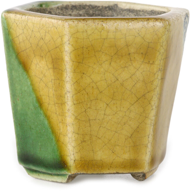 Pot à bonsaï hexagonal vert et jaune par Terahata Satomi Mazan - 71 x 71 x 62 mm