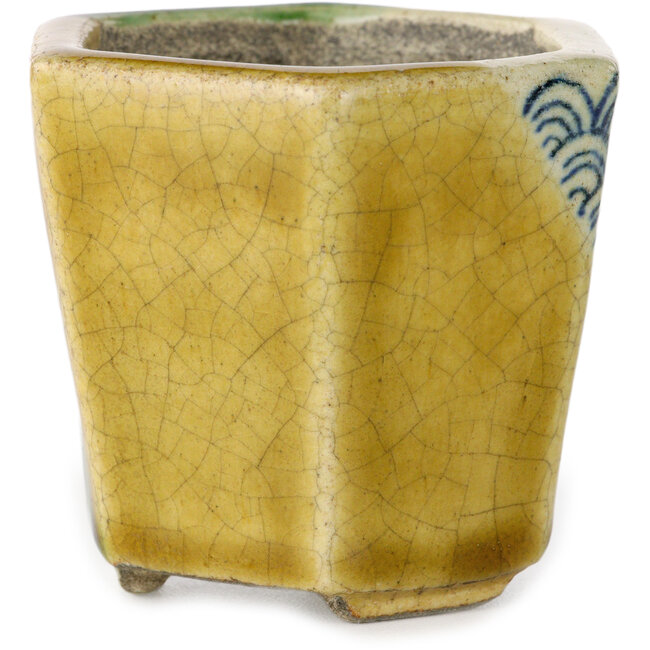 Hexagonal green and yellow bonsai pot by Terahata Satomi Mazan - 71 x 71 x 62 mm