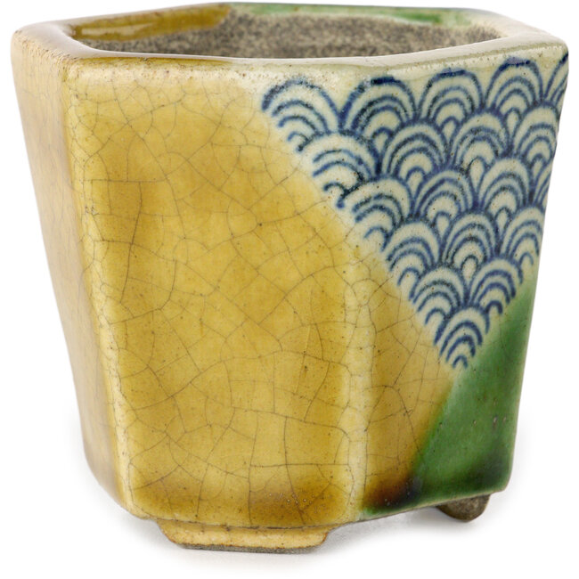 Zeshoekige groen en gele bonsaipot van Terahata Satomi Mazan - 71 x 71 x 62 mm