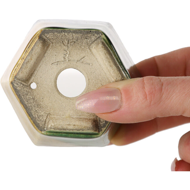 Pot à bonsaï hexagonal vert et jaune par Terahata Satomi Mazan - 71 x 71 x 62 mm