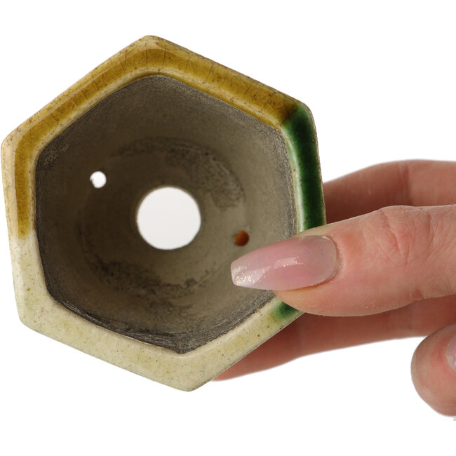 Zeshoekige groen en gele bonsaipot van Terahata Satomi Mazan - 71 x 71 x 62 mm
