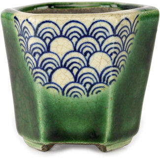  Satomi Mazan, Mazan Terahata 71 mm hexagonal green bonsai pot by Terahata Satomi Mazan, Tokoname, Japan