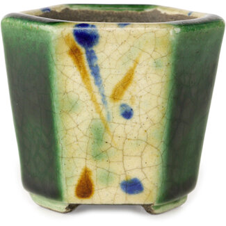  Satomi Mazan, Mazan Terahata Vaso bonsai esagonale verde e multicolore da 71 mm di Terahata Satomi Mazan, Tokoname, Giappone