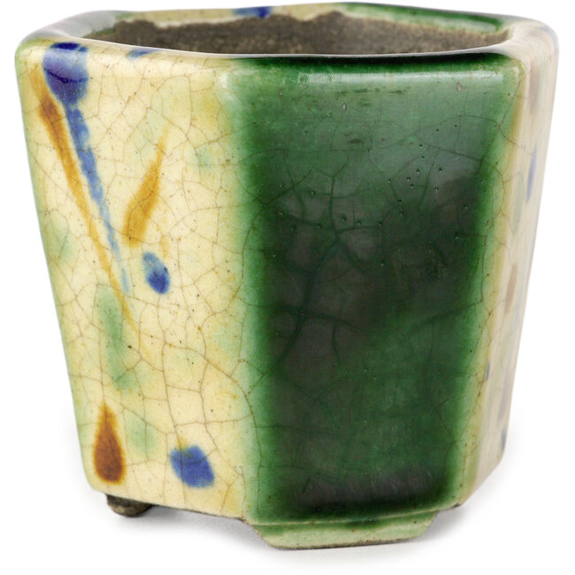 Hexagonal green and multicolor bonsai pot by Terahata Satomi Mazan - 71 x 71 x 62 mm
