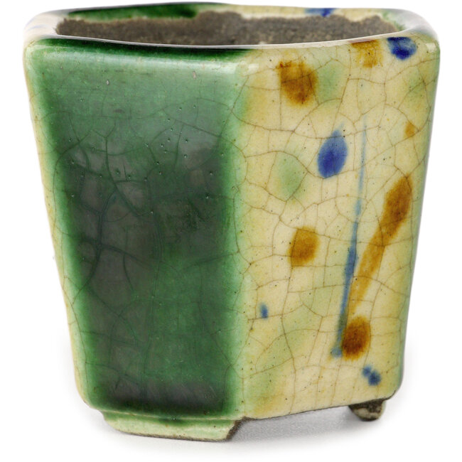 Vaso bonsai esagonale verde e multicolore di Terahata Satomi Mazan - 71 x 71 x 62 mm