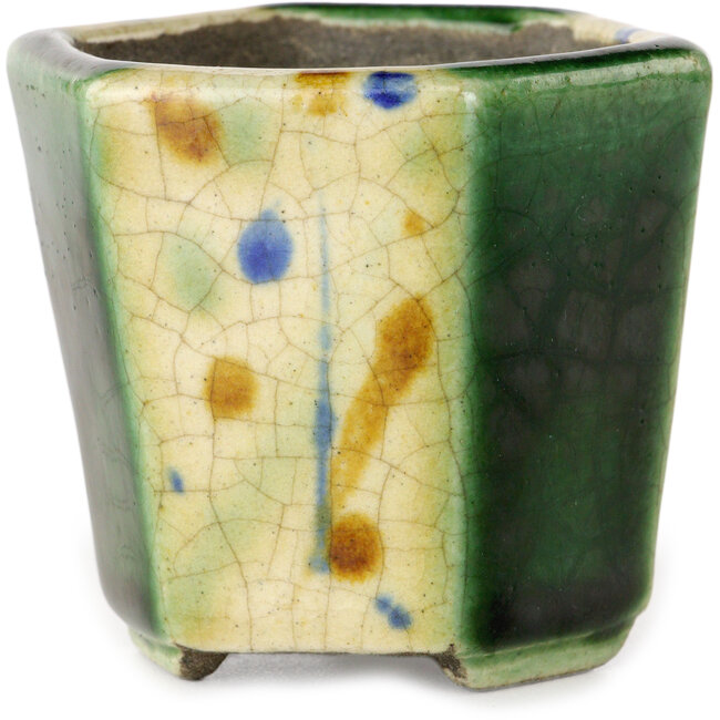 Zeshoekige groene en veelkleurige bonsaipot van Terahata Satomi Mazan - 71 x 71 x 62 mm