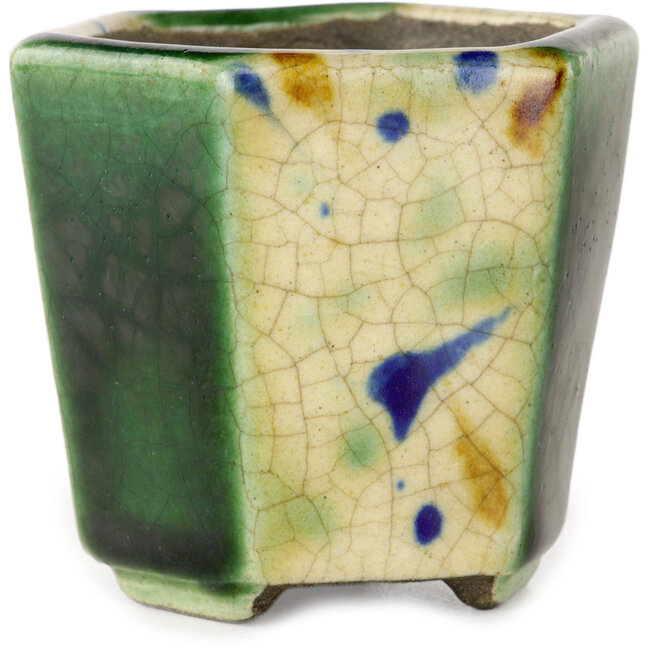 Vaso bonsai esagonale verde e multicolore di Terahata Satomi Mazan - 71 x 71 x 62 mm