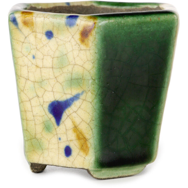 Zeshoekige groene en veelkleurige bonsaipot van Terahata Satomi Mazan - 71 x 71 x 62 mm