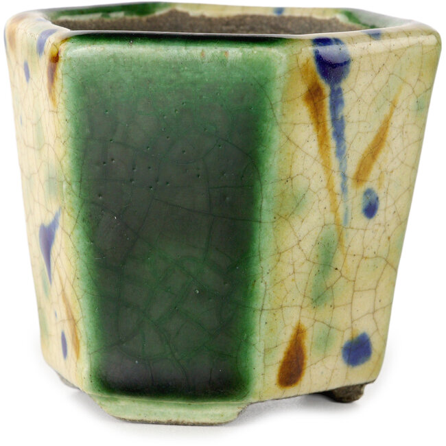 Zeshoekige groene en veelkleurige bonsaipot van Terahata Satomi Mazan - 71 x 71 x 62 mm