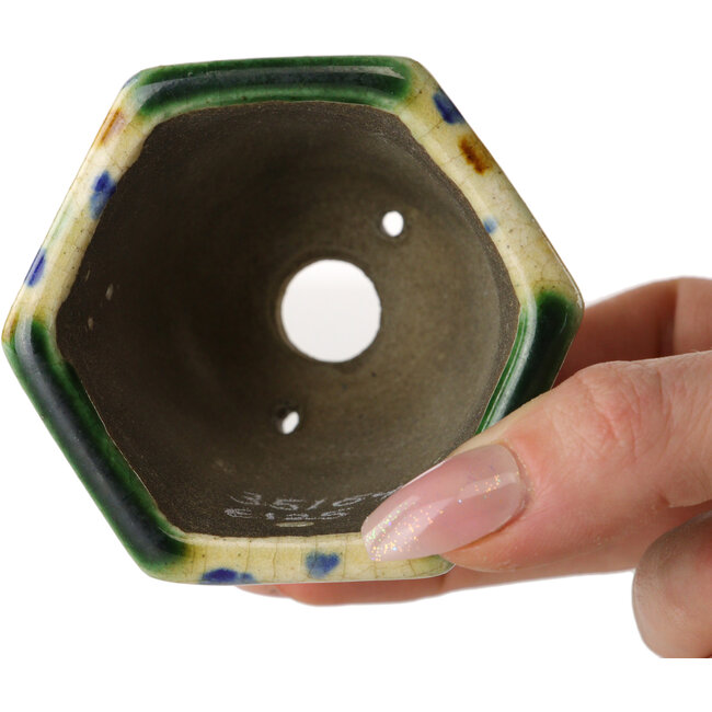 Pot à bonsaï hexagonal vert et multicolore par Terahata Satomi Mazan - 71 x 71 x 62 mm