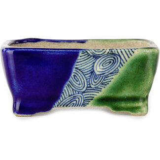  Satomi Mazan, Mazan Terahata Maceta rectangular para bonsái en azul y verde de 85 mm de Terahata Satomi Mazan, Tokoname, Japón