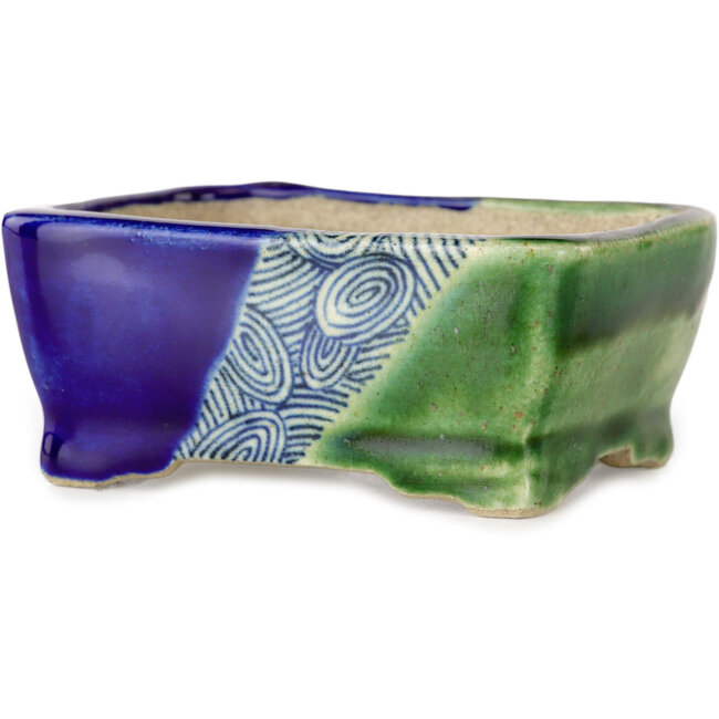 Rechthoekige blauw en groene bonsaipot van Terahata Satomi Mazan - 85 x 62 x 38 mm