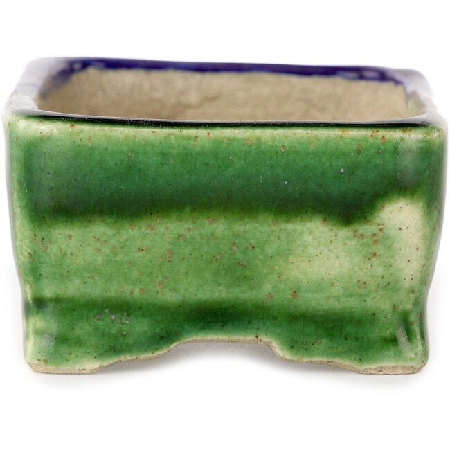 Maceta rectangular para bonsái azul y verde de Terahata Satomi Mazan - 85 x 62 x 38 mm