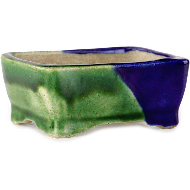 Rectangular blue and green bonsai pot by Terahata Satomi Mazan - 85 x 62 x 38 mm