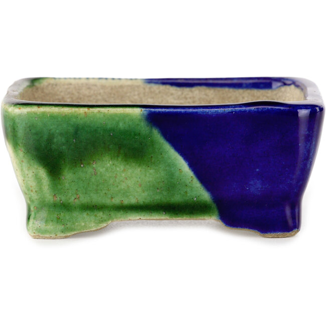 Rectangular blue and green bonsai pot by Terahata Satomi Mazan - 85 x 62 x 38 mm