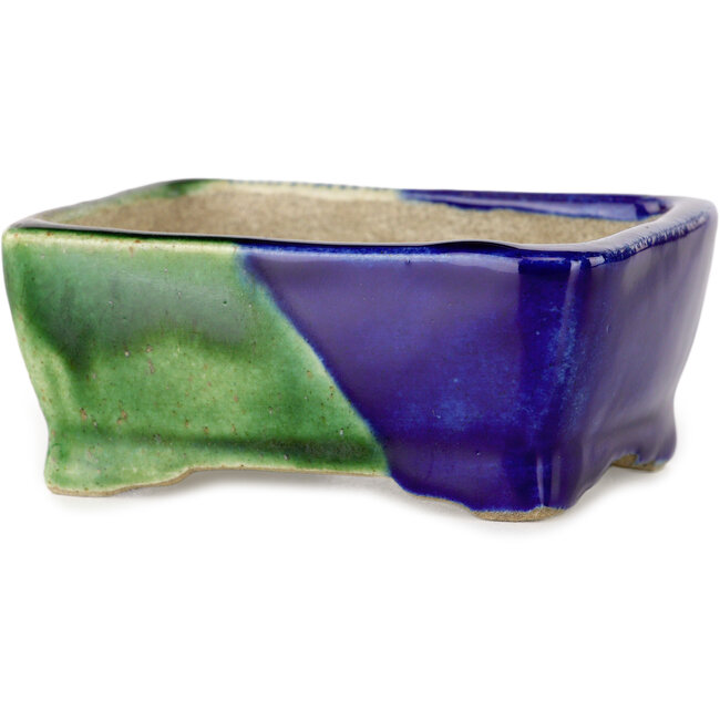 Rechteckige blaue und grüne Bonsaischale von Terahata Satomi Mazan – 85 x 62 x 38 mm