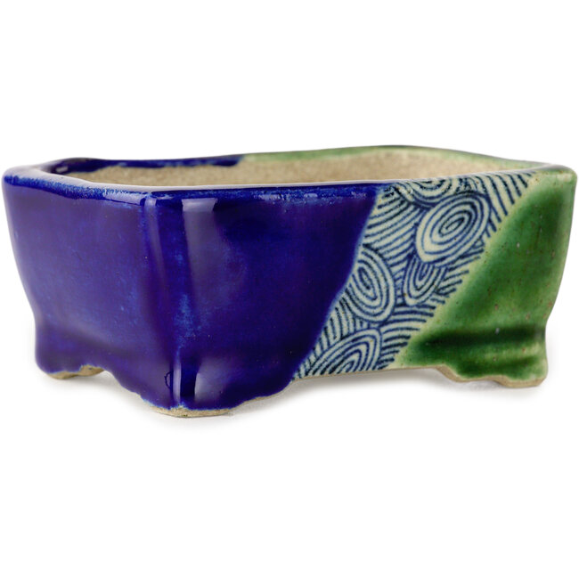 Pot à bonsaï rectangulaire bleu et vert par Terahata Satomi Mazan - 85 x 62 x 38 mm
