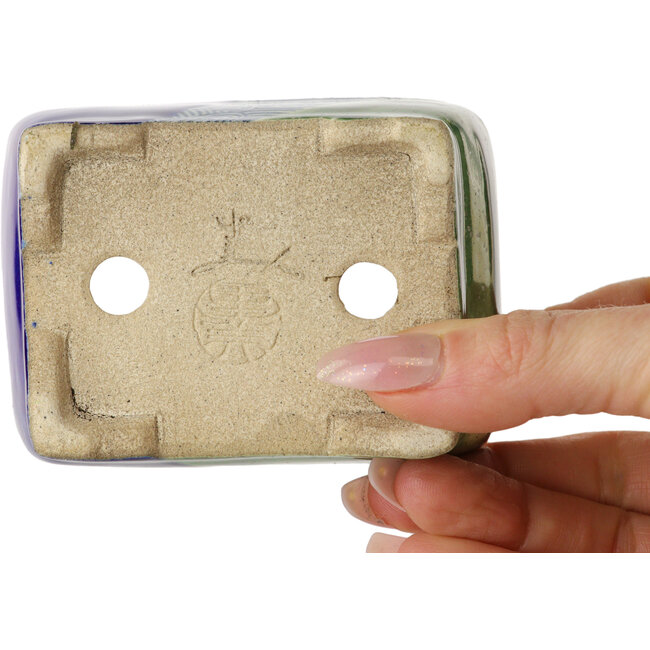 Maceta rectangular para bonsái azul y verde de Terahata Satomi Mazan - 85 x 62 x 38 mm