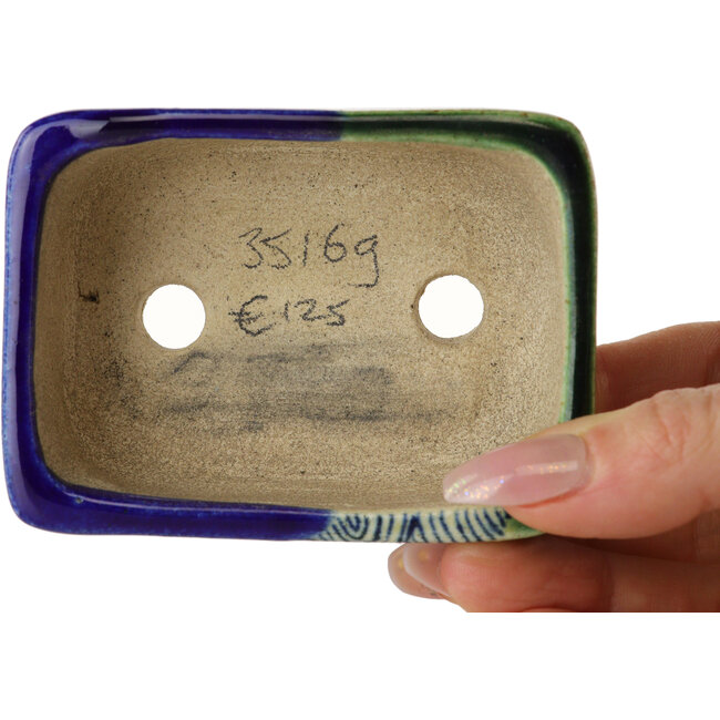 Rectangular blue and green bonsai pot by Terahata Satomi Mazan - 85 x 62 x 38 mm
