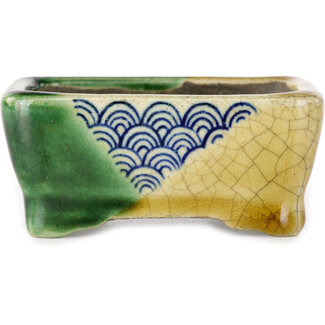  Satomi Mazan, Mazan Terahata Pot à bonsaï rectangulaire vert et jaune de 85 mm par Terahata Satomi Mazan, Tokoname, Japon