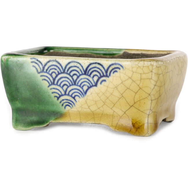 Rectangular green and yellow bonsai pot by Terahata Satomi Mazan - 85 x 62 x 38 mm