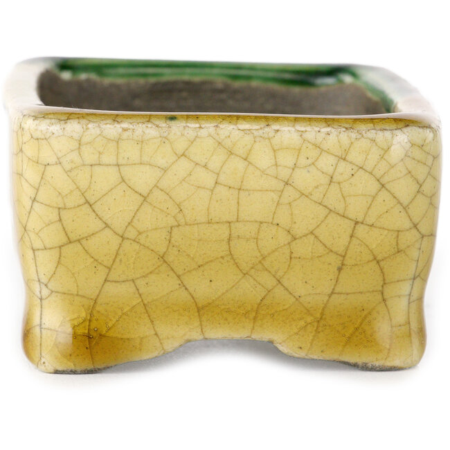 Maceta rectangular para bonsái verde y amarilla de Terahata Satomi Mazan - 85 x 62 x 38 mm
