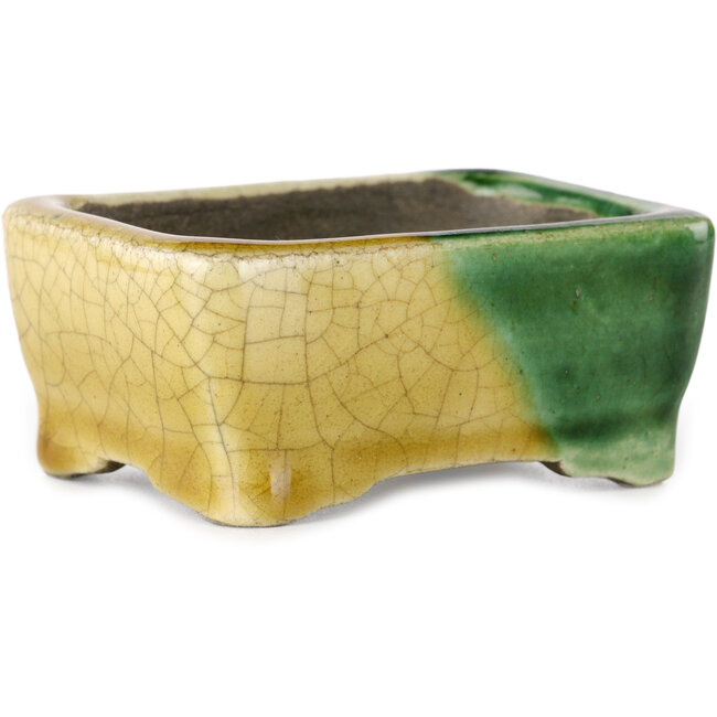 Rechthoekige groen en gele bonsaipot van Terahata Satomi Mazan - 85 x 62 x 38 mm