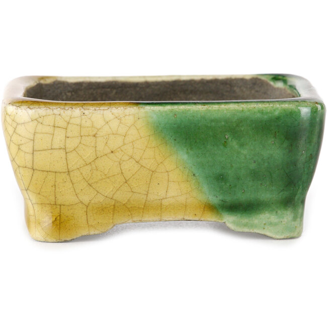 Rectangular green and yellow bonsai pot by Terahata Satomi Mazan - 85 x 62 x 38 mm