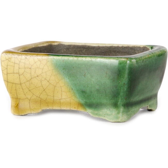 Maceta rectangular para bonsái verde y amarilla de Terahata Satomi Mazan - 85 x 62 x 38 mm