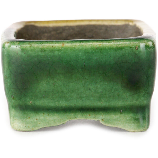 Pot à bonsaï rectangulaire vert et jaune par Terahata Satomi Mazan - 85 x 62 x 38 mm