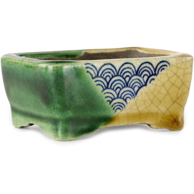 Rechteckiger grüner und gelber Bonsaitopf von Terahata Satomi Mazan – 85 x 62 x 38 mm