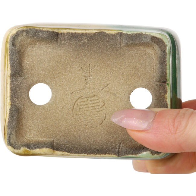 Pot à bonsaï rectangulaire vert et jaune par Terahata Satomi Mazan - 85 x 62 x 38 mm