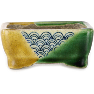  Satomi Mazan, Mazan Terahata 85 mm rectangular green and yellow bonsai pot by Terahata Satomi Mazan, Tokoname, Japan