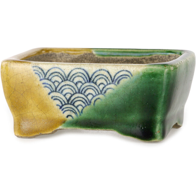 Pot à bonsaï rectangulaire vert et jaune par Terahata Satomi Mazan - 85 x 62 x 38 mm