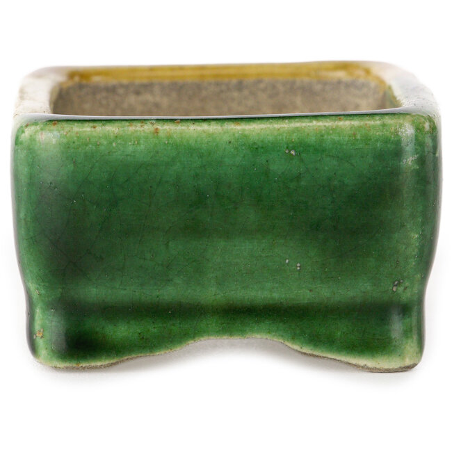 Rectangular green and yellow bonsai pot by Terahata Satomi Mazan - 85 x 62 x 38 mm