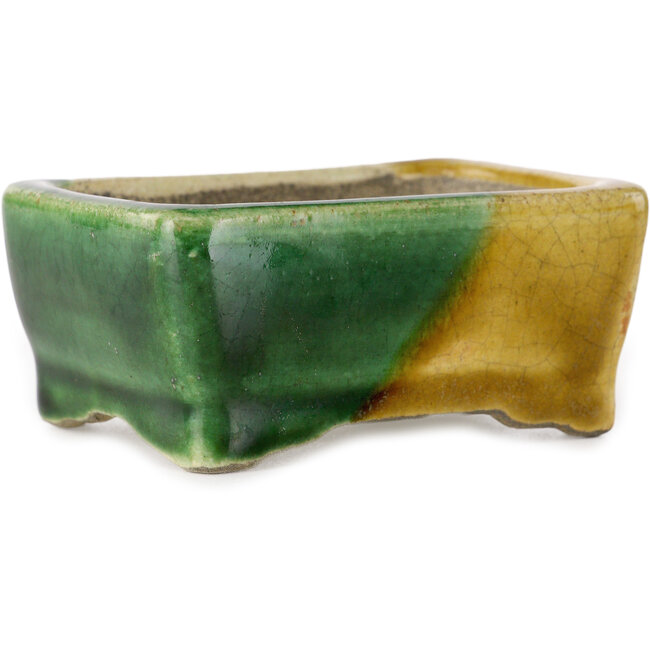 Maceta rectangular para bonsái verde y amarilla de Terahata Satomi Mazan - 85 x 62 x 38 mm