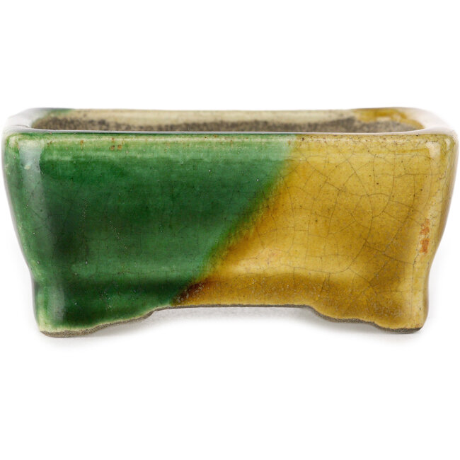 Rechteckiger grüner und gelber Bonsaitopf von Terahata Satomi Mazan – 85 x 62 x 38 mm