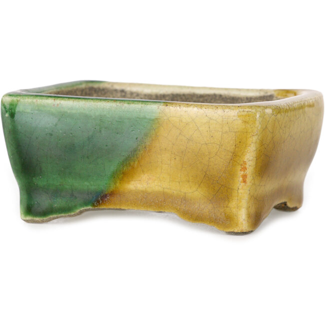 Vaso bonsai rettangolare verde e giallo di Terahata Satomi Mazan - 85 x 62 x 38 mm