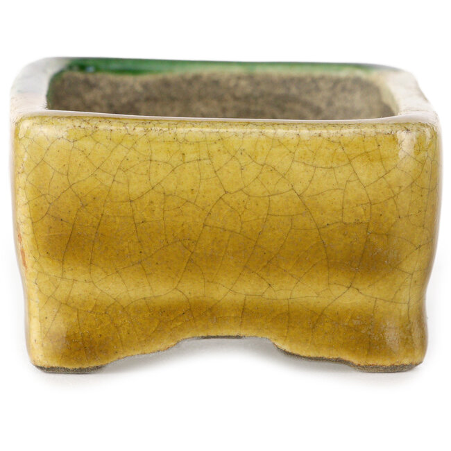 Maceta rectangular para bonsái verde y amarilla de Terahata Satomi Mazan - 85 x 62 x 38 mm