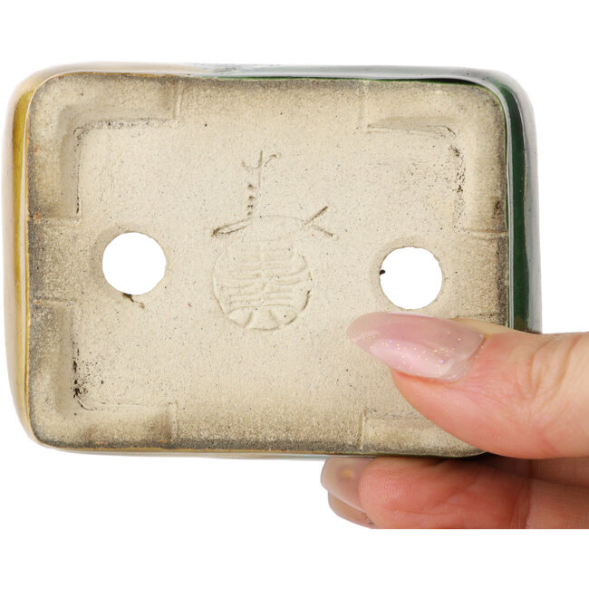 Maceta rectangular para bonsái verde y amarilla de Terahata Satomi Mazan - 85 x 62 x 38 mm