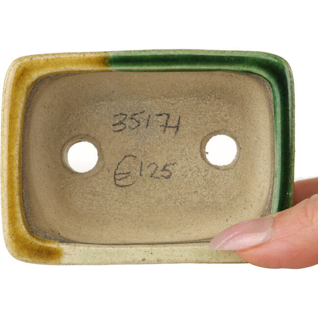 Rectangular green and yellow bonsai pot by Terahata Satomi Mazan - 85 x 62 x 38 mm