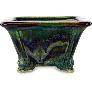  Satomi Mazan, Mazan Terahata Vaso bonsai quadrato verde multicolore da 133 mm di Terahata Satomi Mazan, Tokoname, Giappone