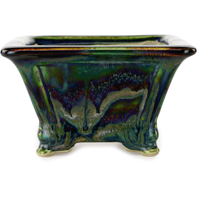 Vaso bonsai quadrato verde multicolore di Terahata Satomi Mazan - 133 x 133 x 80 mm