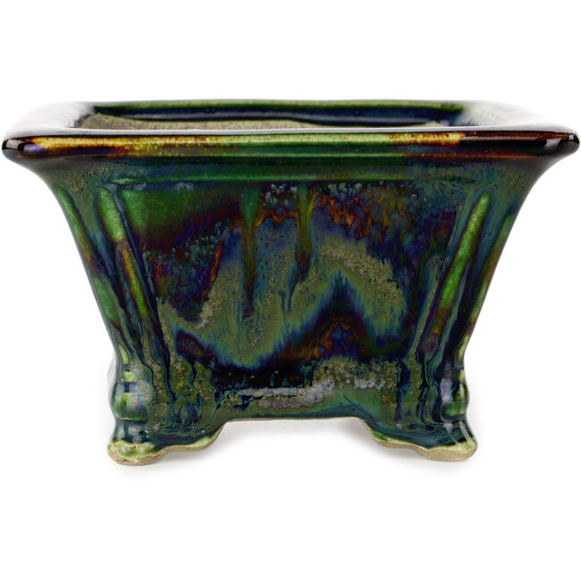 Square green multicolor bonsai pot by Terahata Satomi Mazan - 133 x 133 x 80 mm
