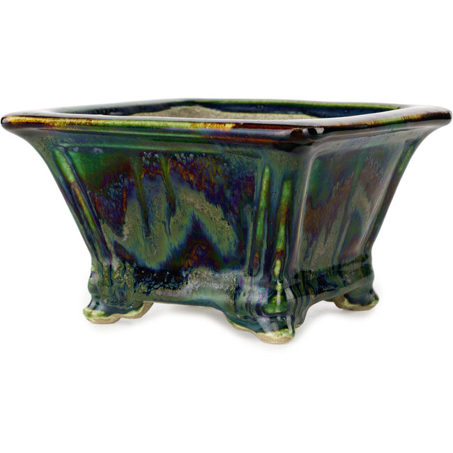 Square green multicolor bonsai pot by Terahata Satomi Mazan - 133 x 133 x 80 mm