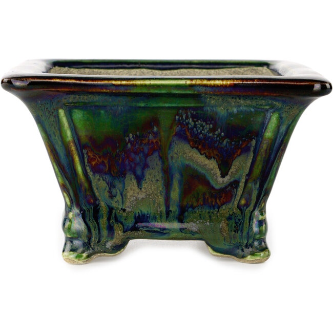 Pot à bonsaï carré vert multicolore par Terahata Satomi Mazan - 133 x 133 x 80 mm
