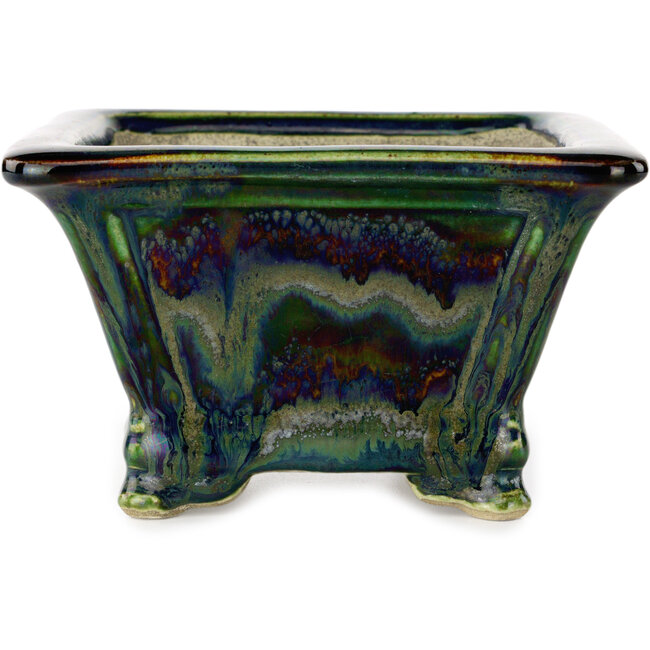 Quadratischer grüner mehrfarbiger Bonsaitopf von Terahata Satomi Mazan – 133 x 133 x 80 mm