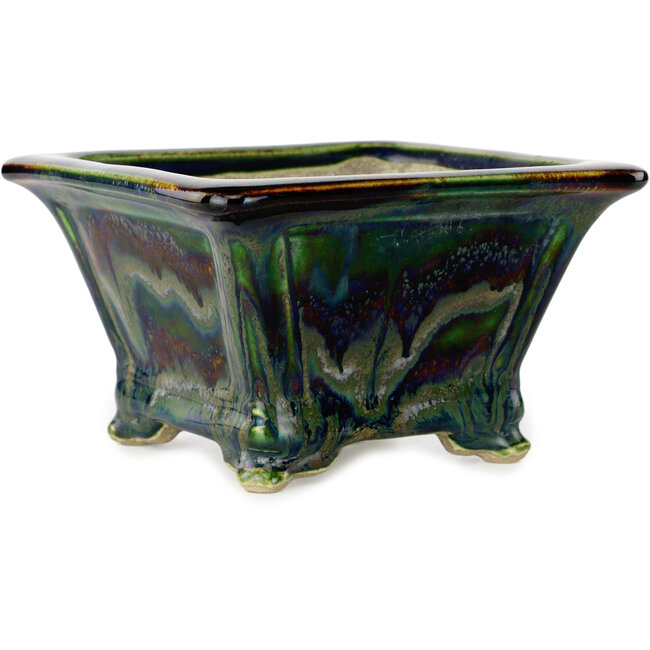 Pot à bonsaï carré vert multicolore par Terahata Satomi Mazan - 133 x 133 x 80 mm